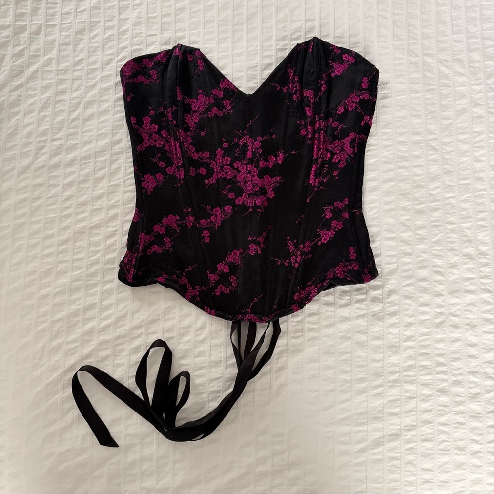 100% Silk Floral Black and Pink Corset Top
